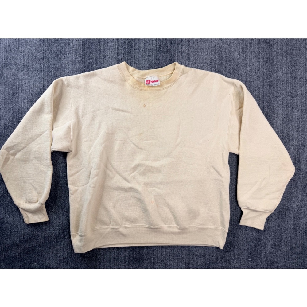 Vintage Hanes Sweatshirt Cream Y2K Premium Weight Crewneck Fleece Stained Large